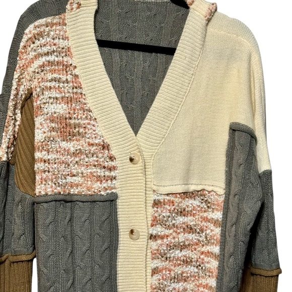 Chunky Mixed Media Long Sleeve Hooded Button Front Boho Sweater Cardigan Large - Picture 3 of 10